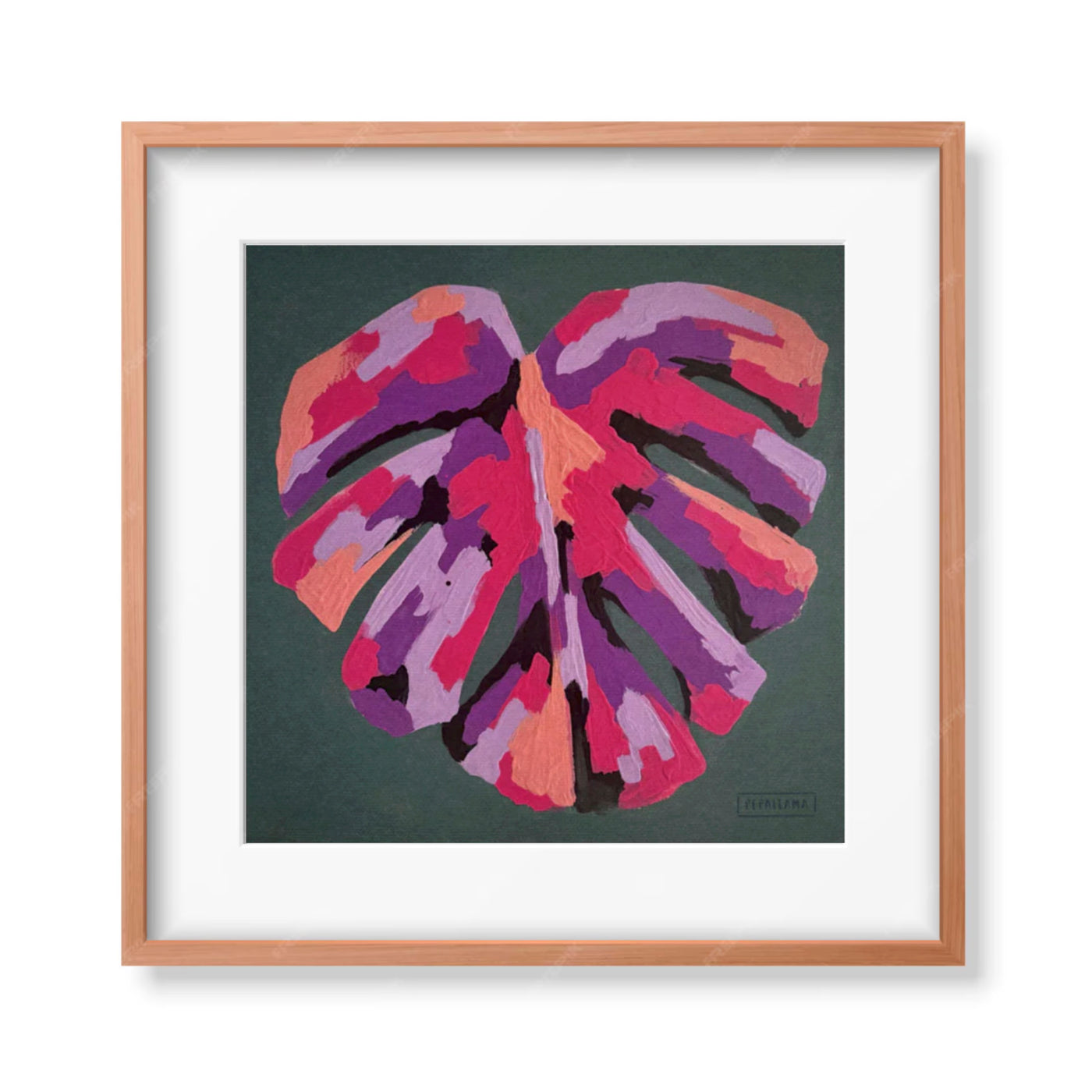 framed pepallama art print pink monstera leaf