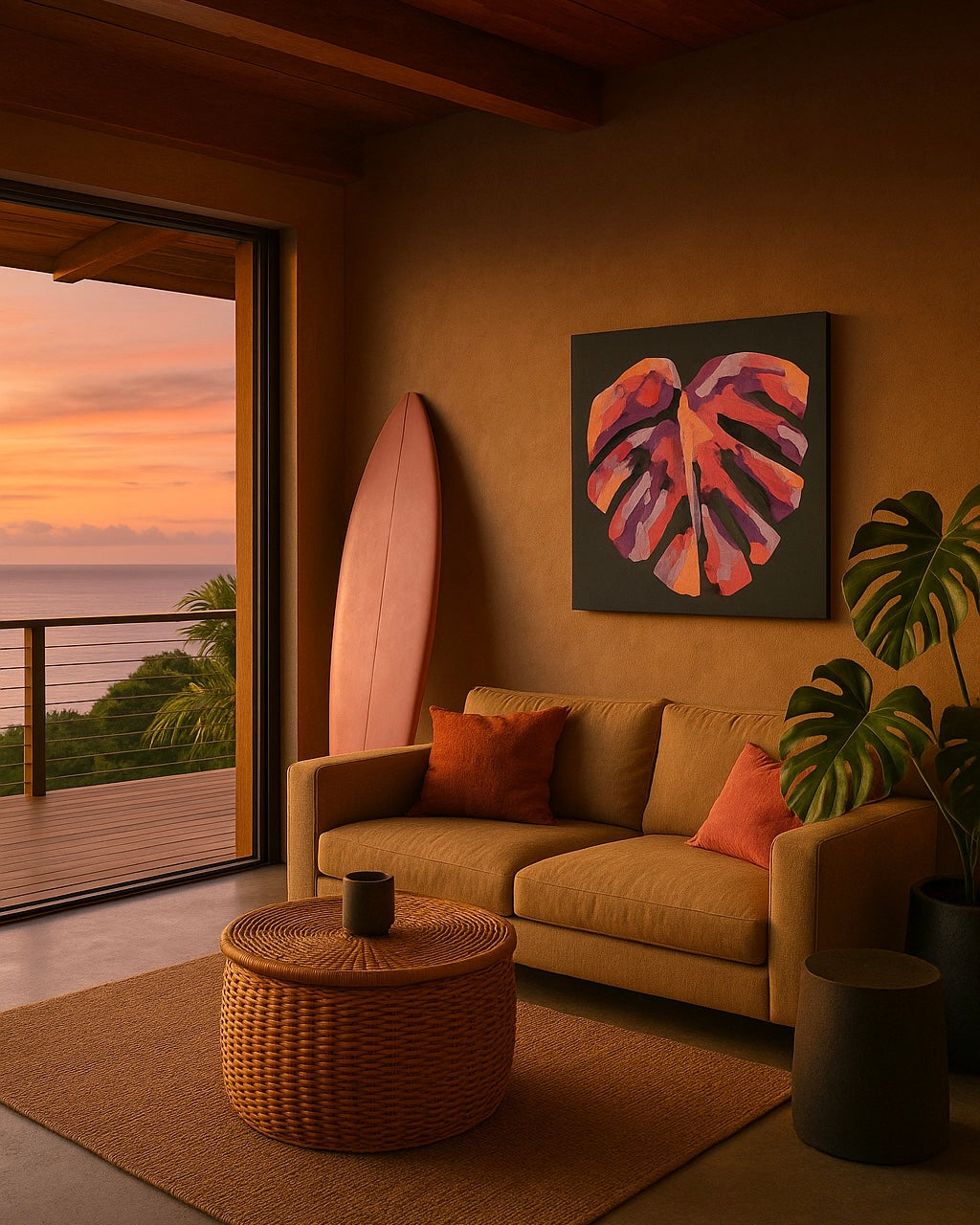 original painting on canvas by pepallama, featuring a tropical monstera leaf in an oceanfront room at sunset