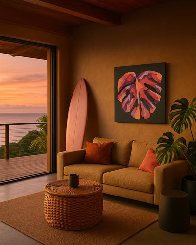 original painting on canvas by pepallama, featuring a tropical monstera leaf in an oceanfront room at sunset