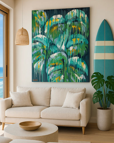 coastal living room with a large abstract painting on the wall by tropical artist and surfer, pepallama from Costa Rica