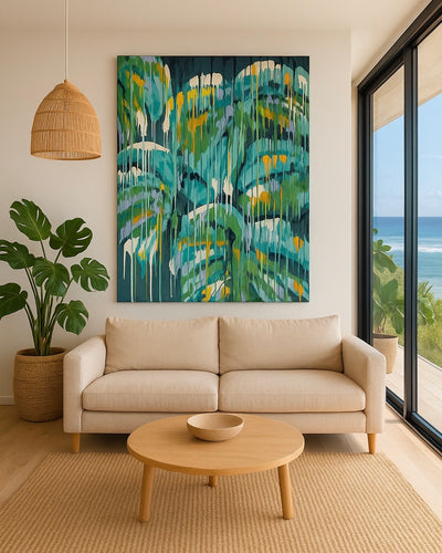 Living room with tropical abstract artwork on the wall by Costa Rica surf artist pepallama