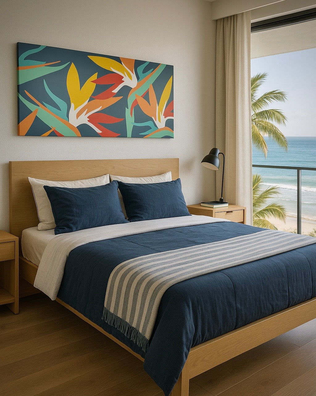 beachfront bedroom with an original painting by Pepa Ivanoff  pepallama acrylic on canvas, surf art from Costa Rica