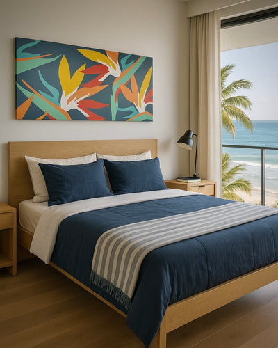 beachfront bedroom with an original painting by Pepa Ivanoff  pepallama acrylic on canvas, surf art from Costa Rica