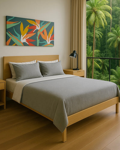tropical bedroom with an Original painting by pepallama acrylic contemporary art from Costa Rica
