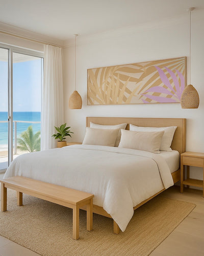coastal bedroom with original acrylic on canvas painting by surf artist pepallama in Costa Rica