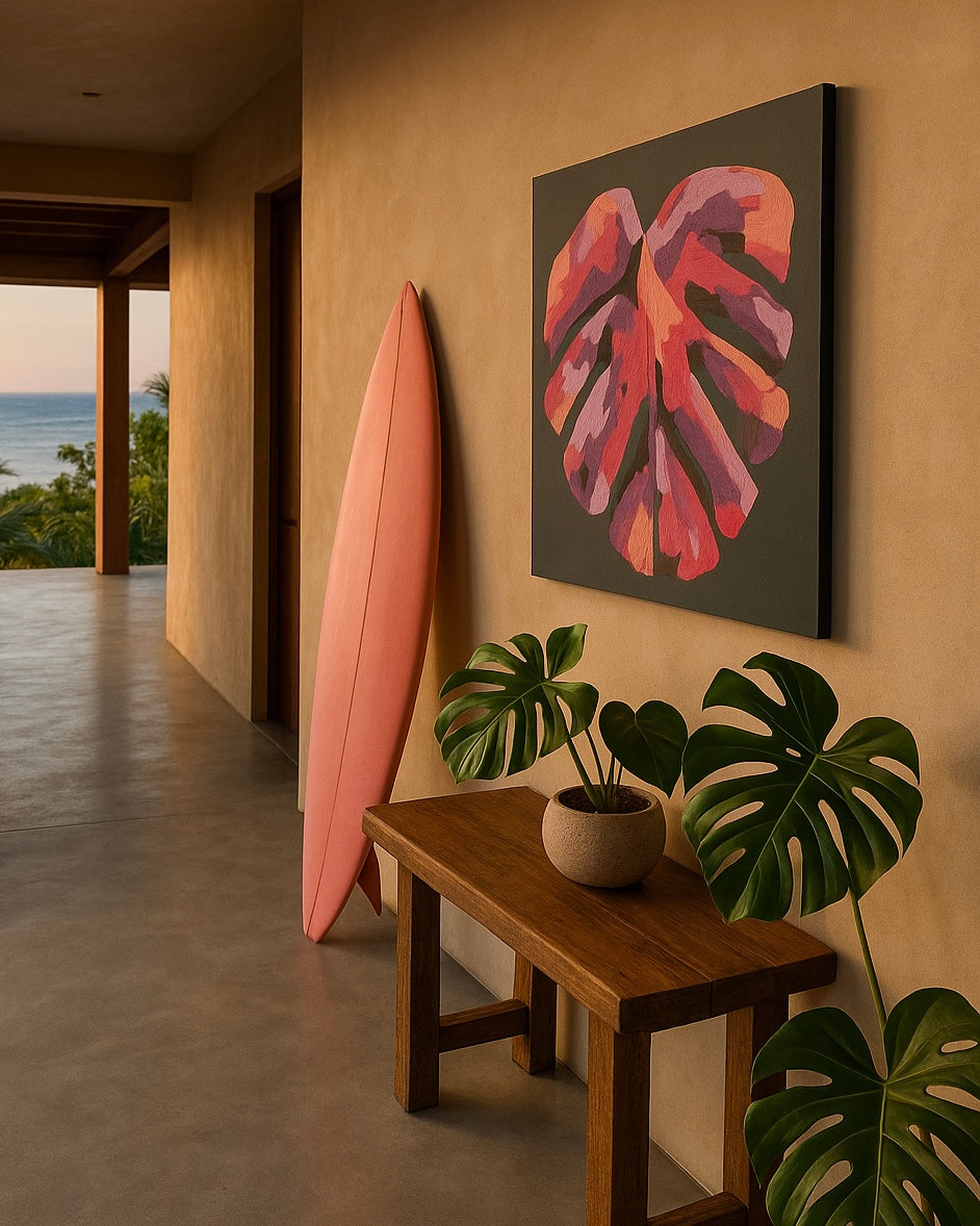 original monstera leaf painting by pepallama, in a Costa Rica home setting at sunset