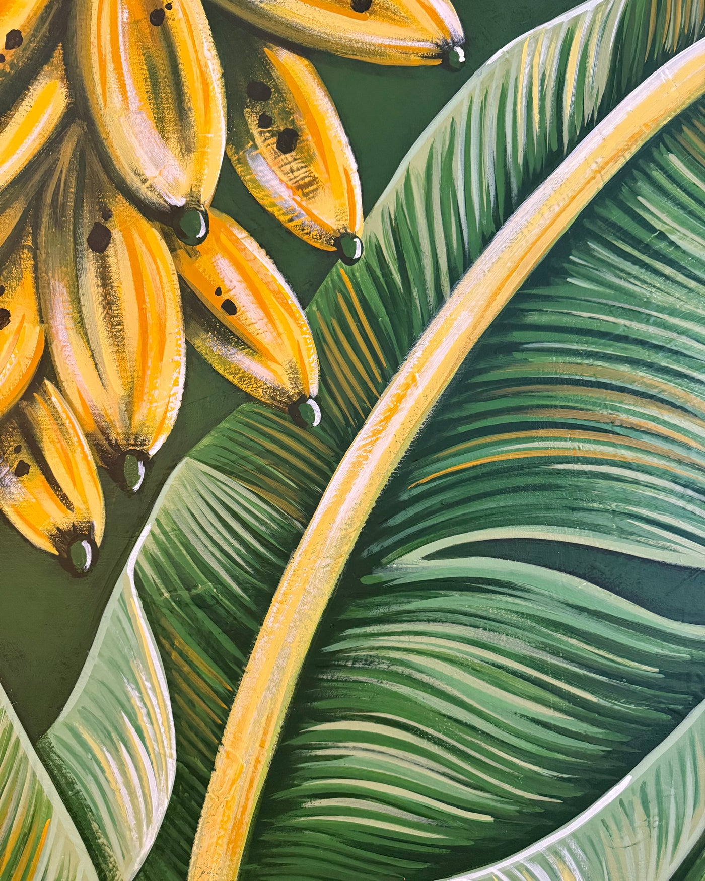 up close detail of an original pepallama tropical leaf painting