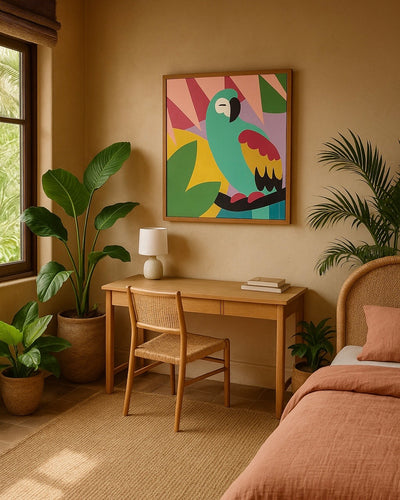 original artwork by pepallama on display in a bedroom in Costa Rica