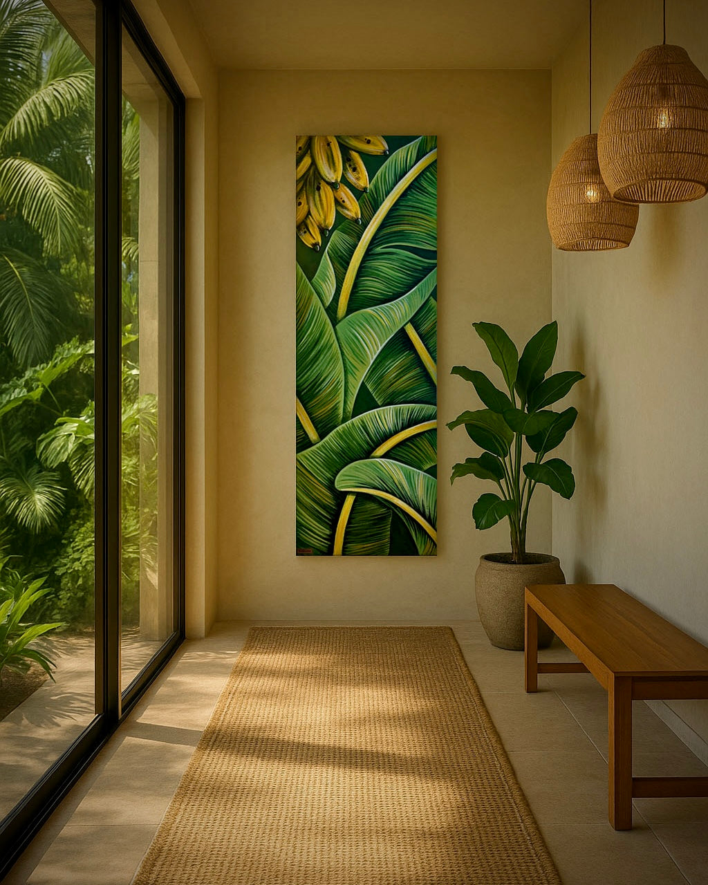 tropical wall art painting of banana leaves by artist pepallama in a modern interior setting with a plant and bench.